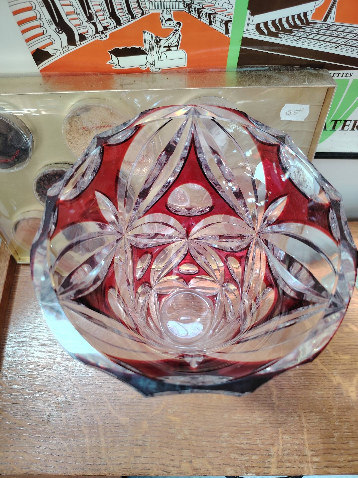 Large ruby red cut crystal vase, handmade, 1960.