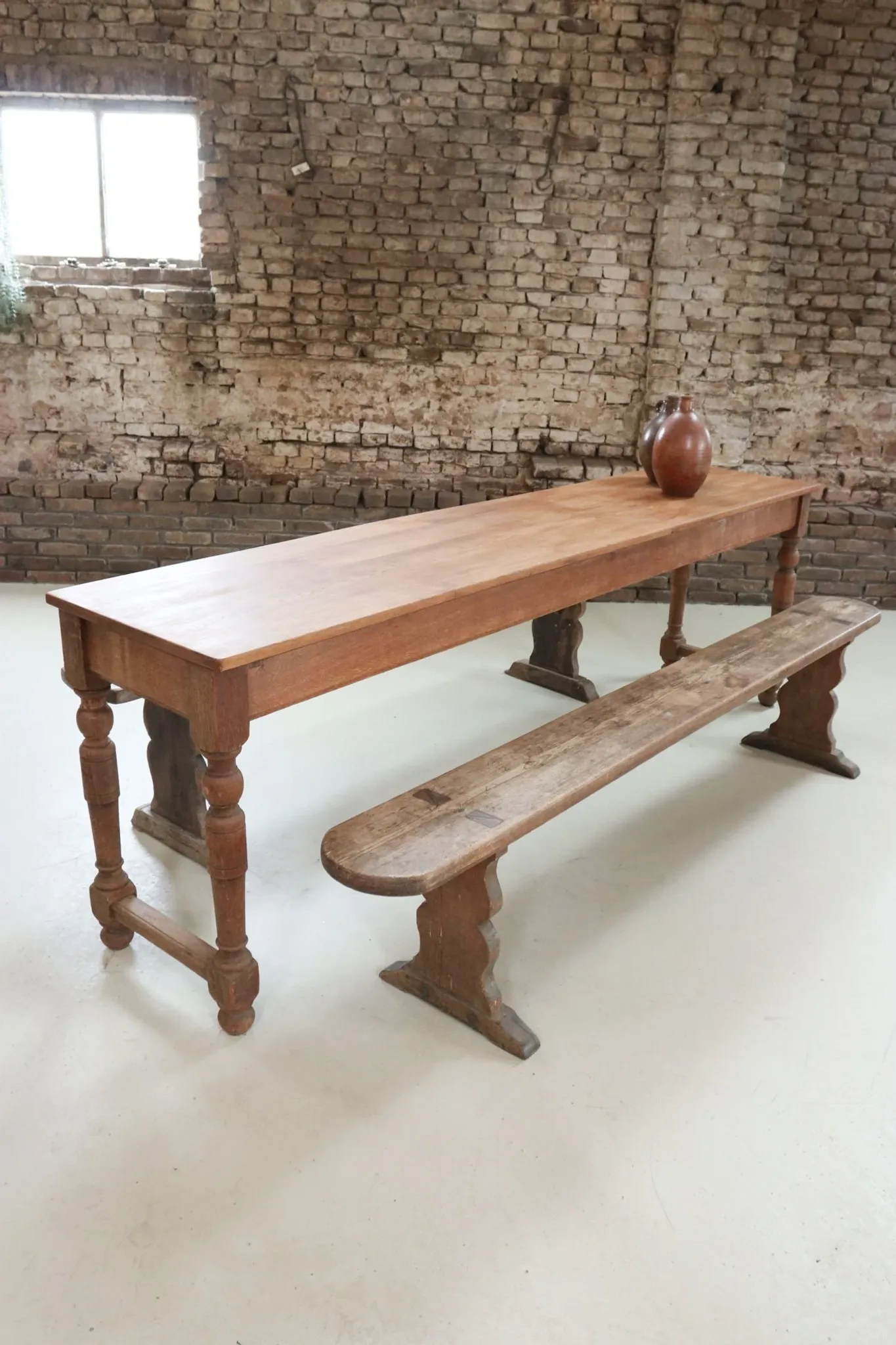 Long antique oak table with turned legs – 239 cm
