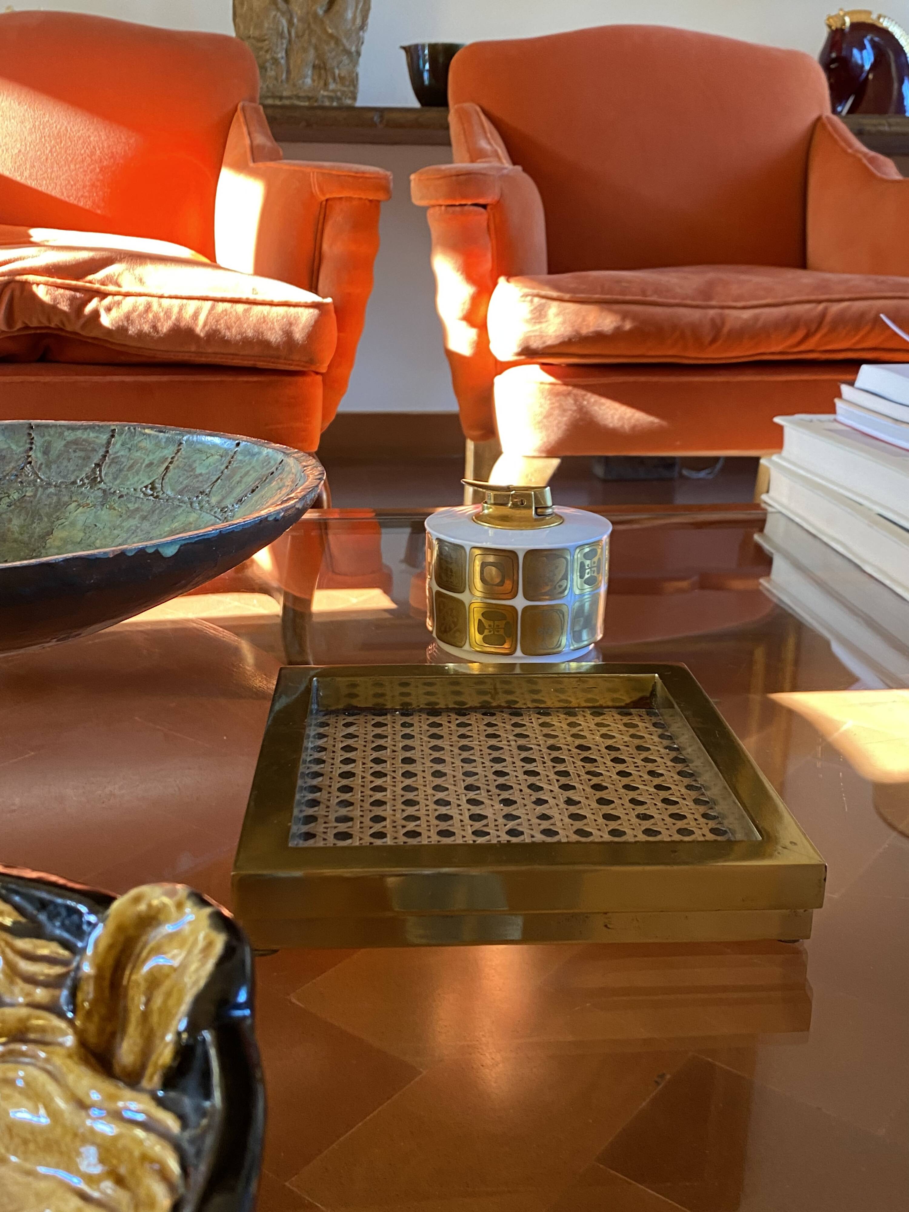 Hollywood regency vide poche, brass and Vienna straw, Italy 1970