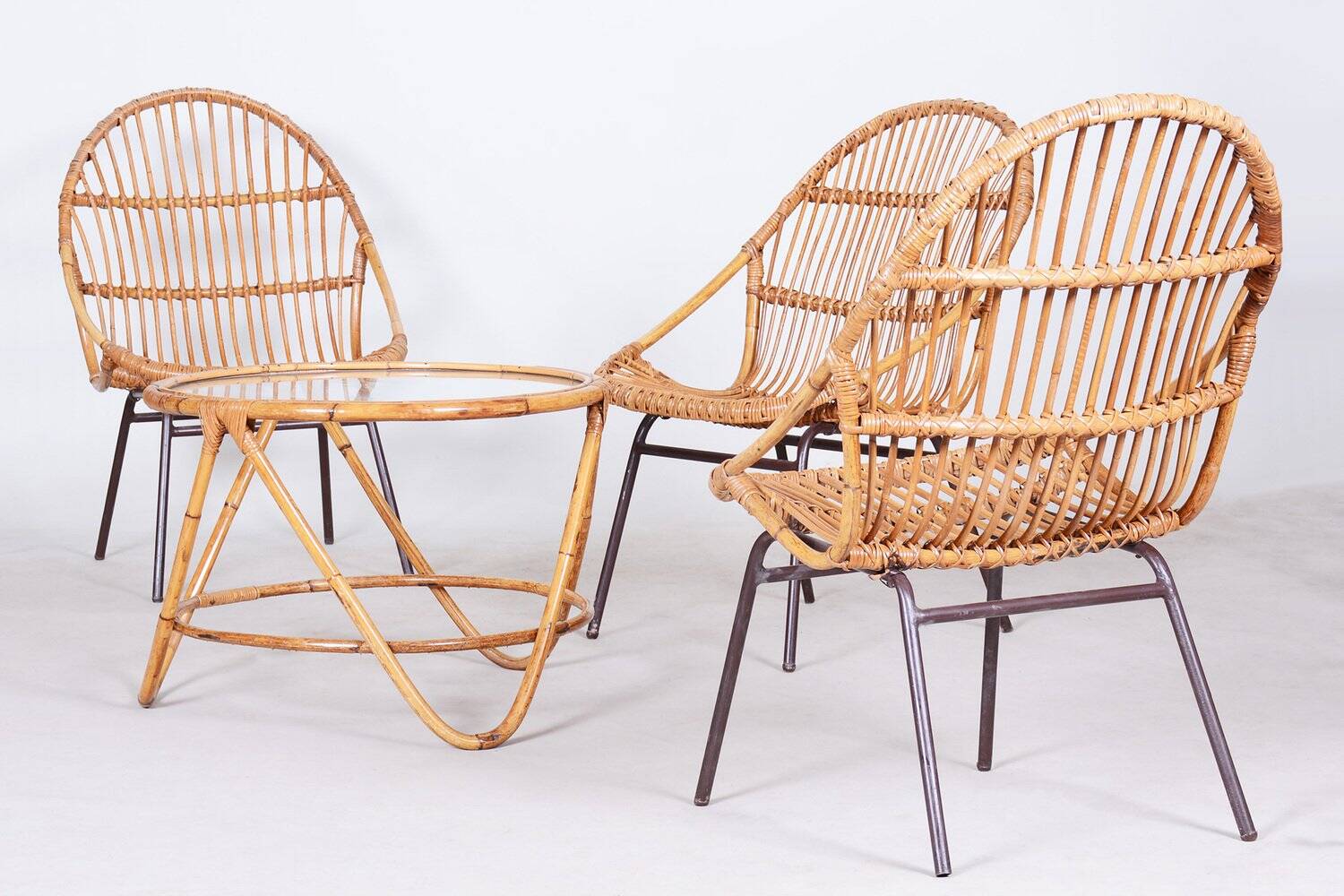 Art Deco Seating Set in Rattan & Steel attributed to Alan Fuchs, 1940s, Set of 4