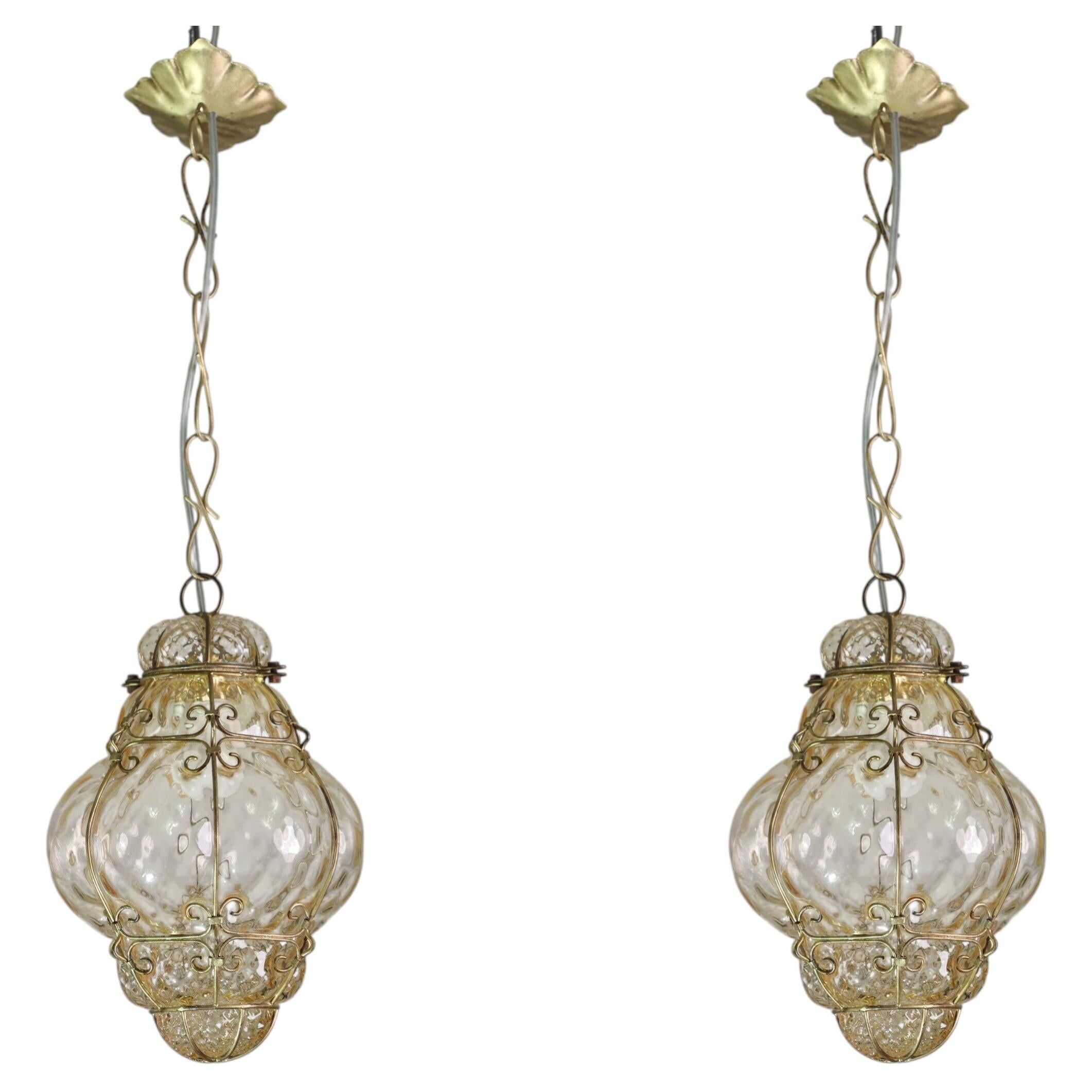 Set of 2 Wonderful Amber Vintage Venetian Lantern, Murano Glass, Italy, 1950s