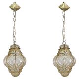 Set of 2 Wonderful Amber Vintage Venetian Lantern, Murano Glass, Italy, 1950s