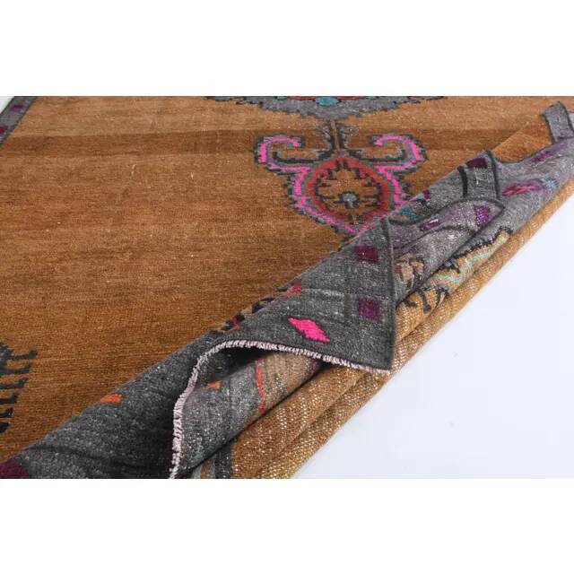 1970s Vintage Turkish Oushak Handmade Wool Cotton Brown Runner Rug 178x448