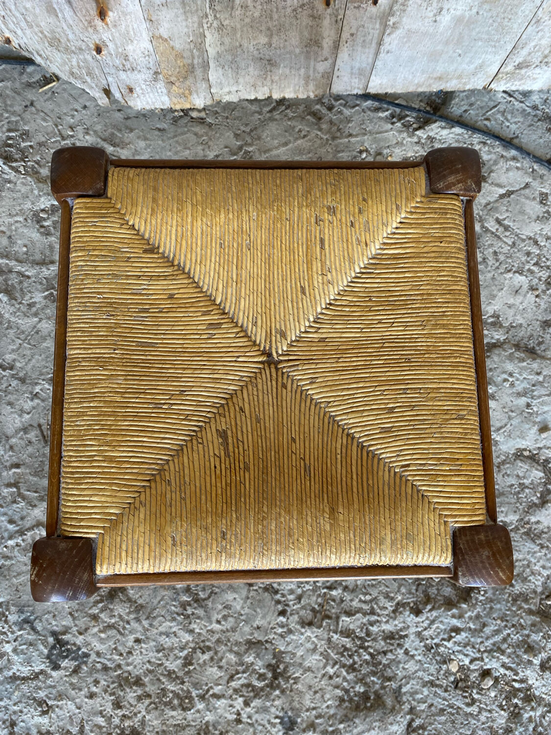 Vintage Turned Wood Stool + Woven Straw Seat #D893