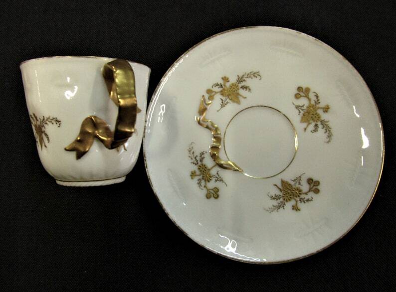 5 X Antique Limoges Porcelain Coffee Cups pairs Gold Ribbon Handle, 1890s