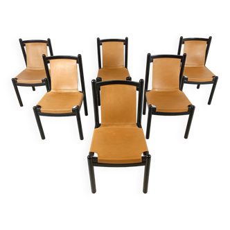Vintage italian sling leather dining chairs, 1960s