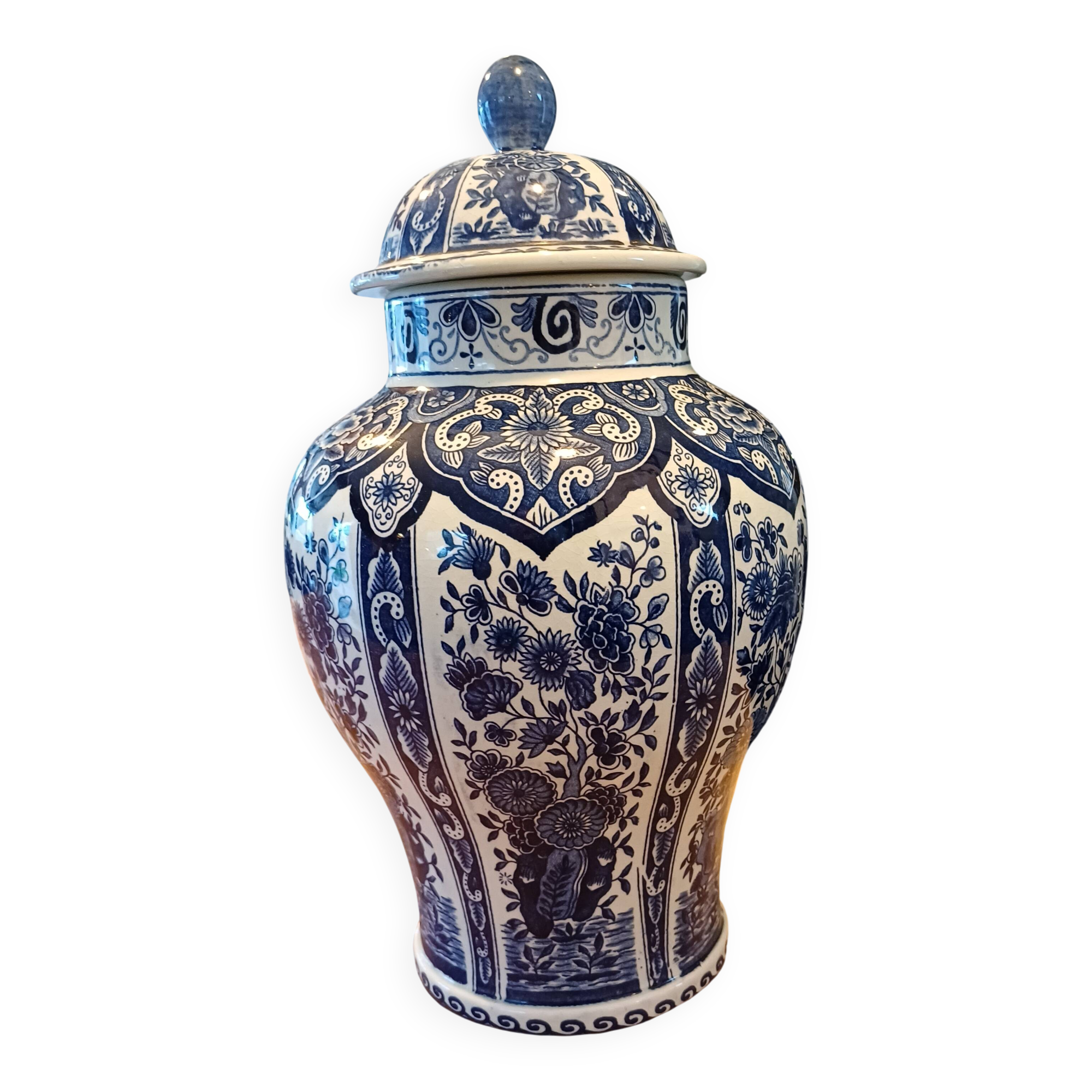 Royal Sphinx Delft blue porcelain vase with Boch lid