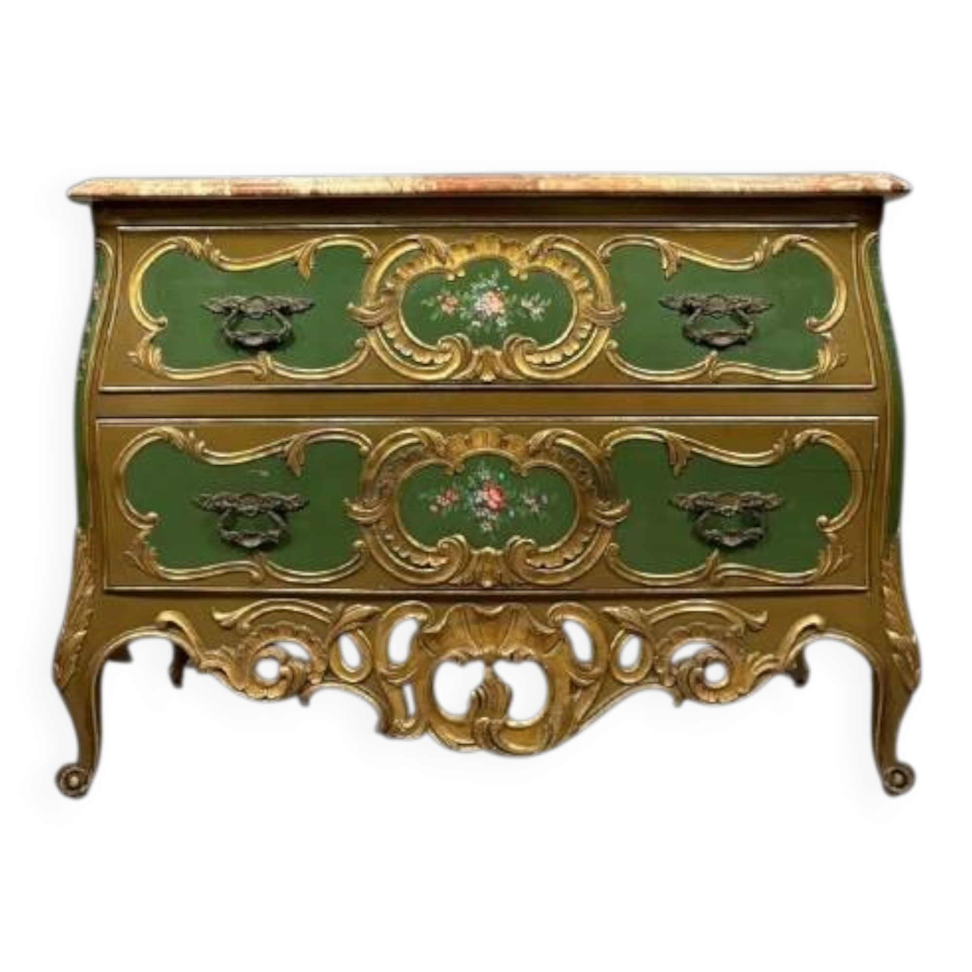 Commode sauteuse Vénitienne galbée style louis XV en bois doré et bois laqu