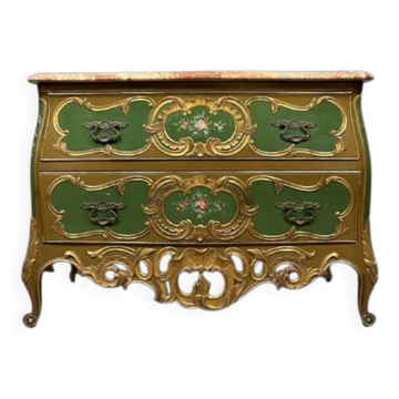 Commode sauteuse Vénitienne galbée style louis XV en bois doré et bois laqu