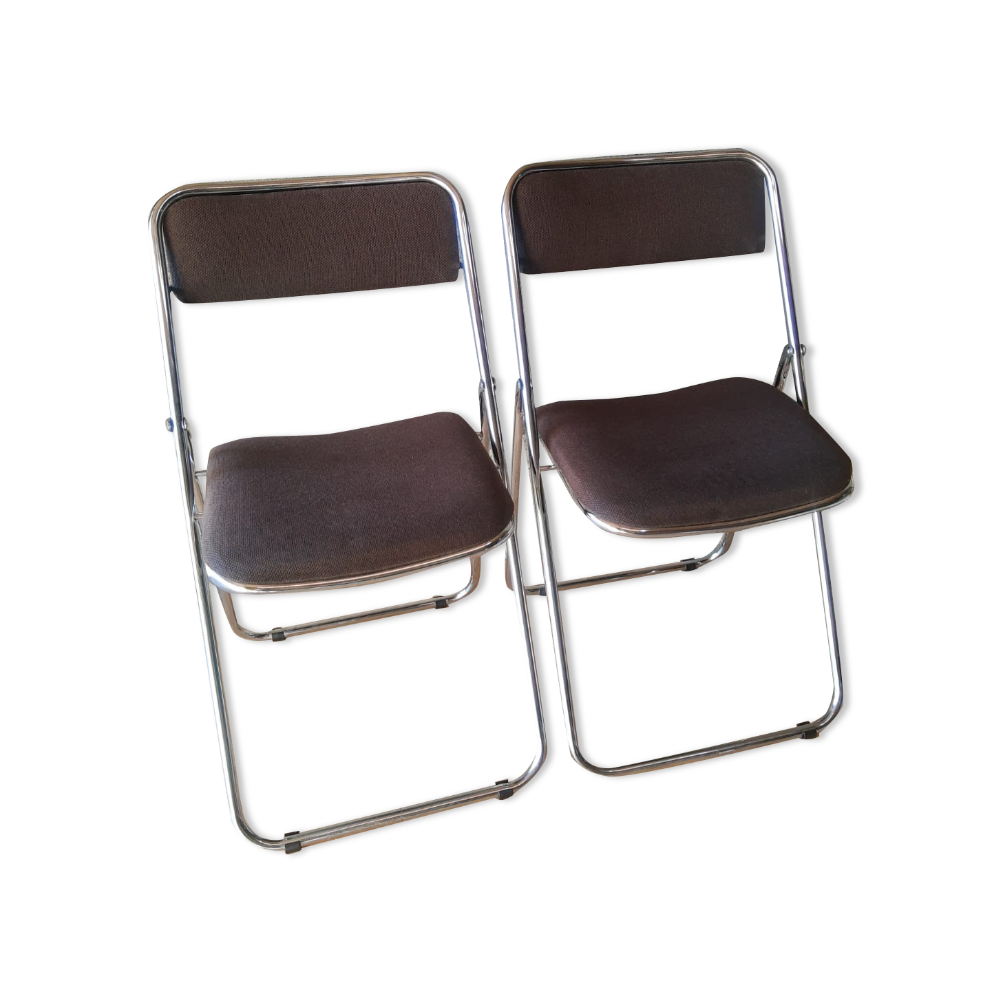 Set of two folding chairs in brown and metal fabric - vintage