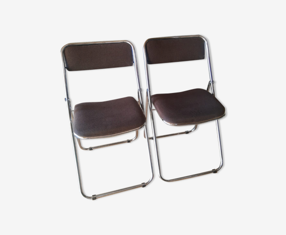 Lot de deux chaises pliantes en tissu marron et métal - vintage | Selency