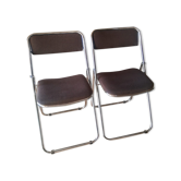 Set of two folding chairs in brown and metal fabric - vintage