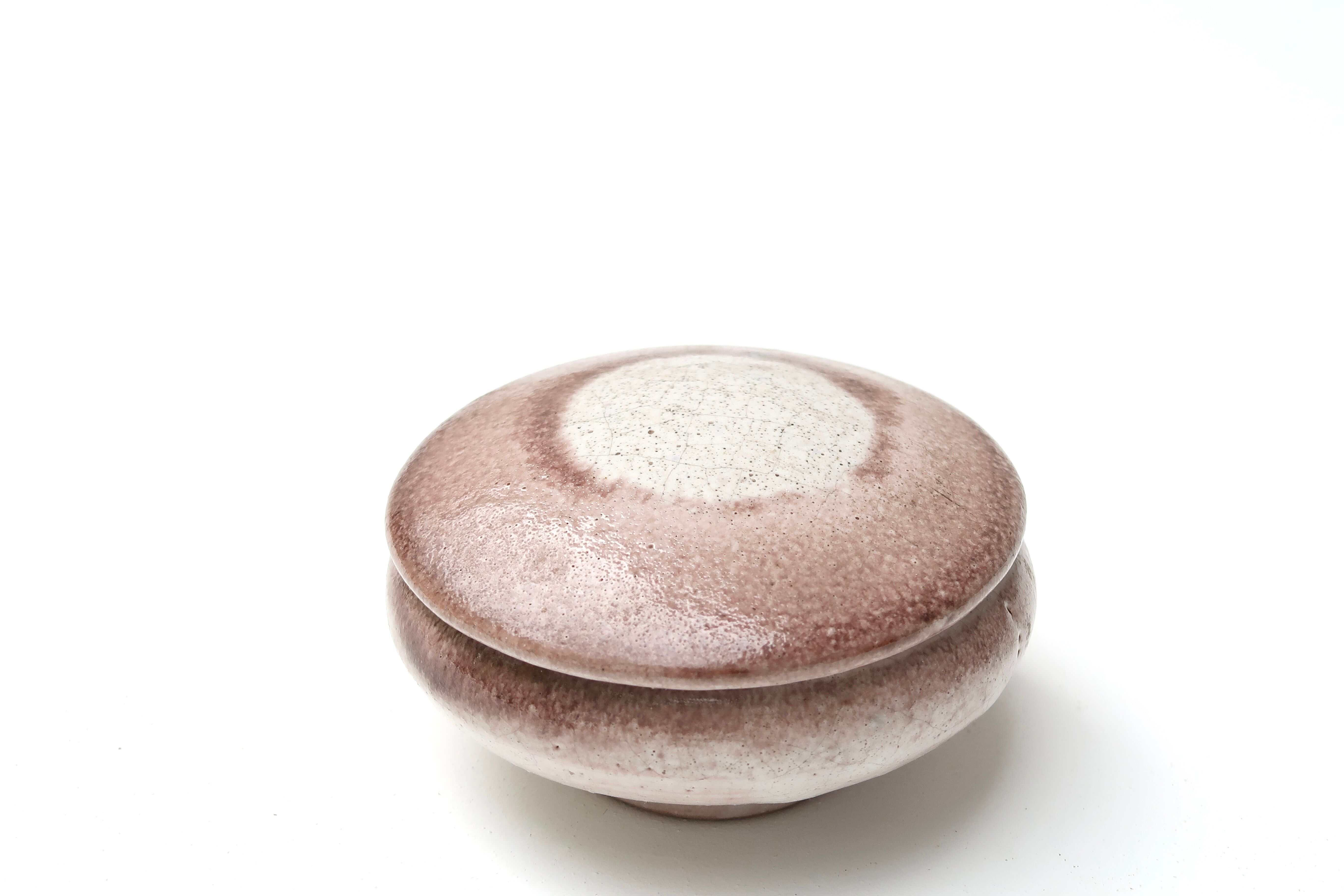 Set of 3 vases and ceramic box in mauve pink tones, 70s