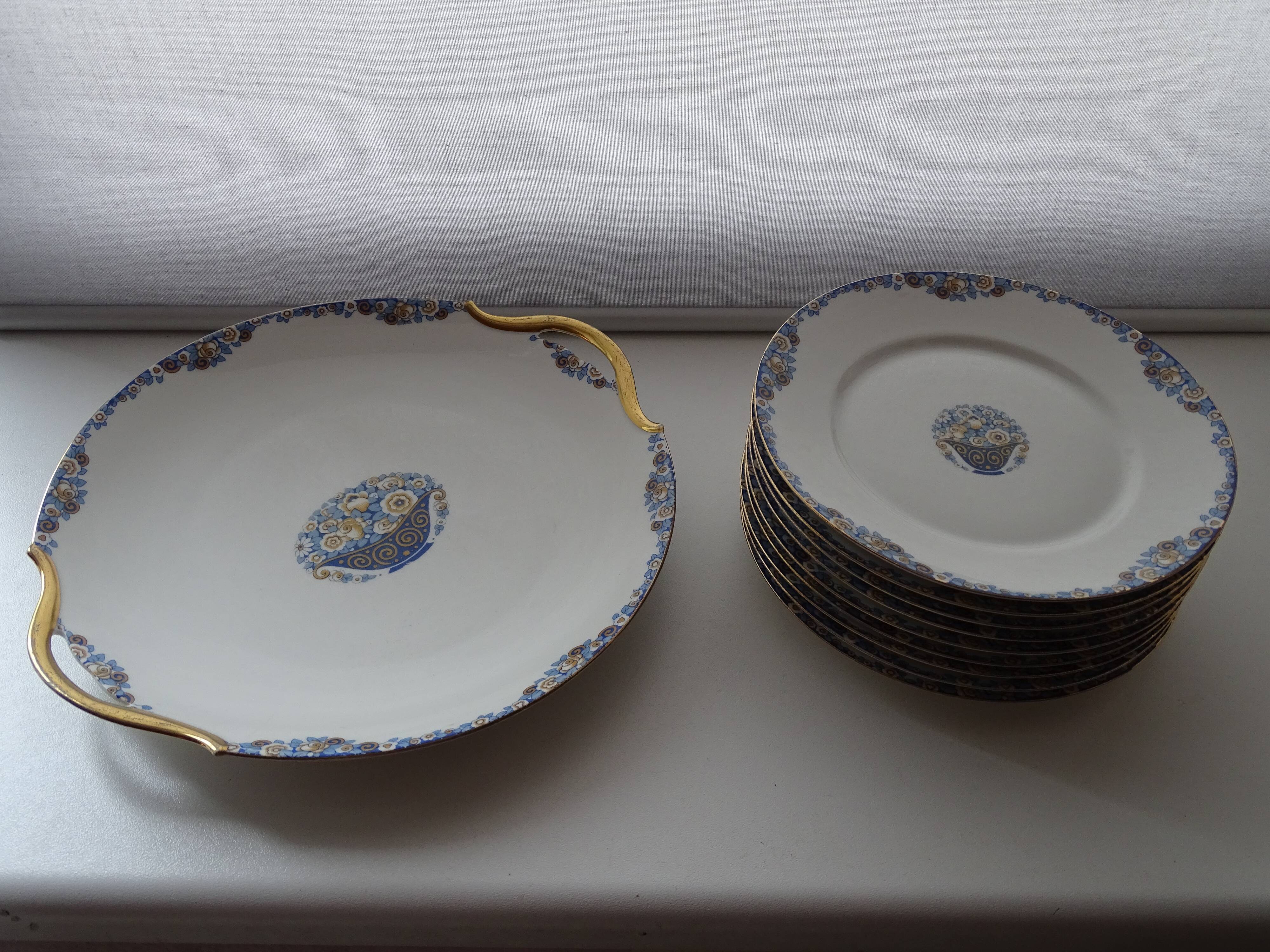 Dessert service porcelain Limoges Union Art Deco 9 people