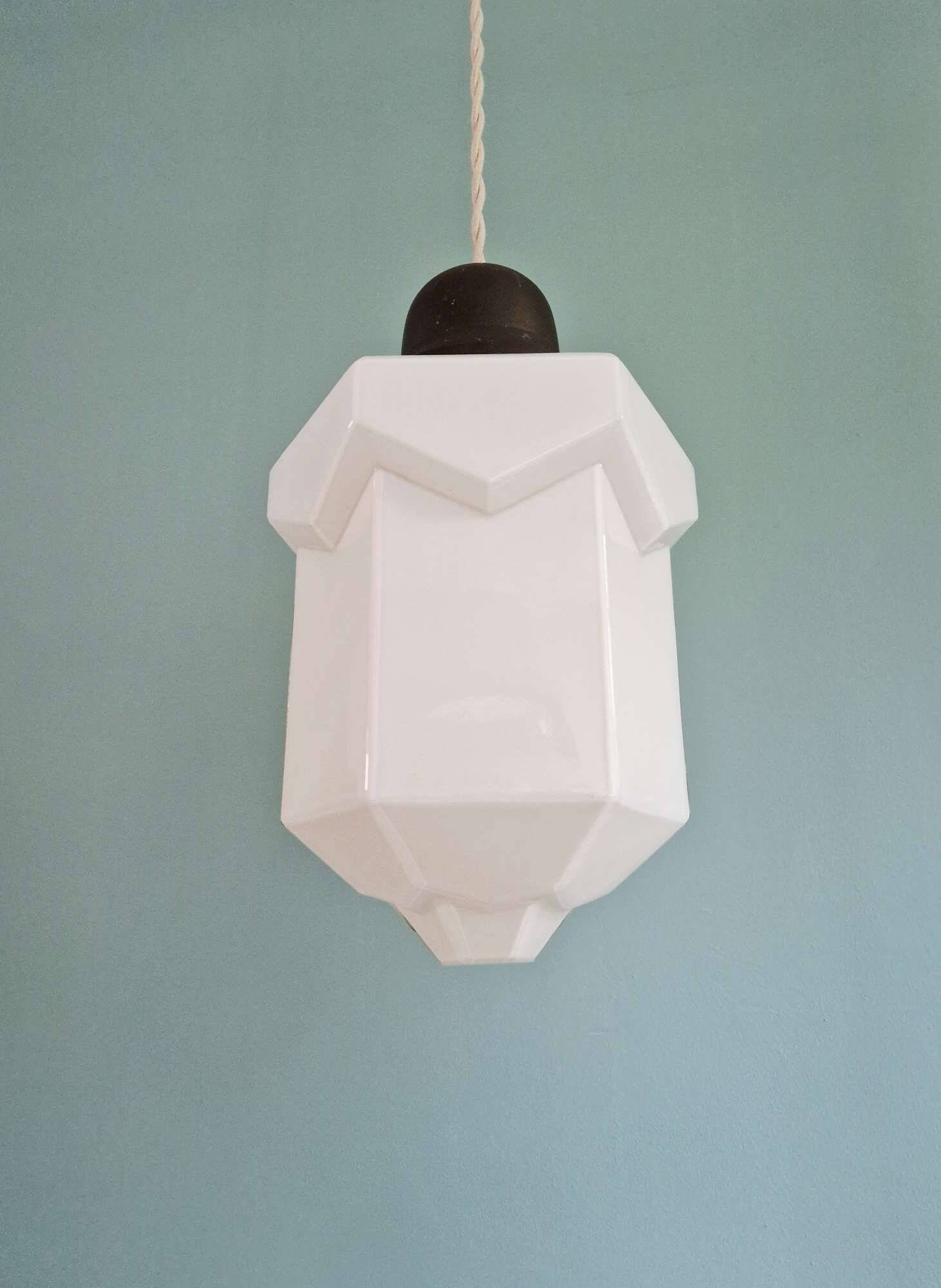 Art Deco skyscraper pendant lamp in white opaline, 1920-30