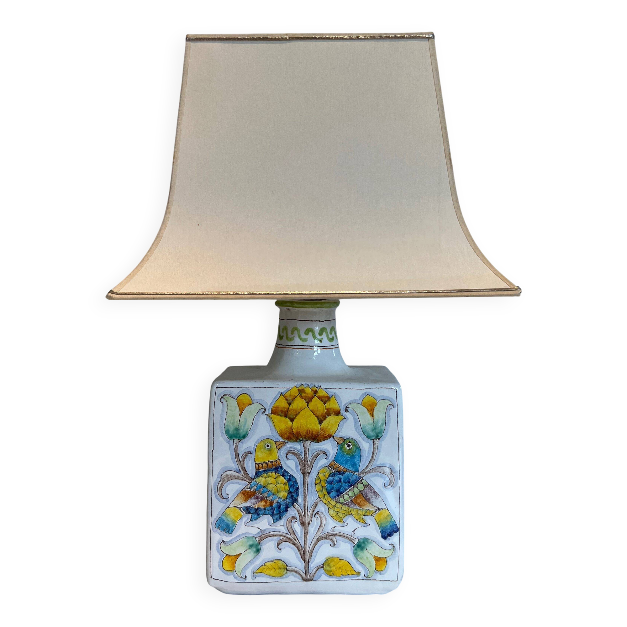 Lampe de table en faïence à décors d'oiseaux et de fleurs