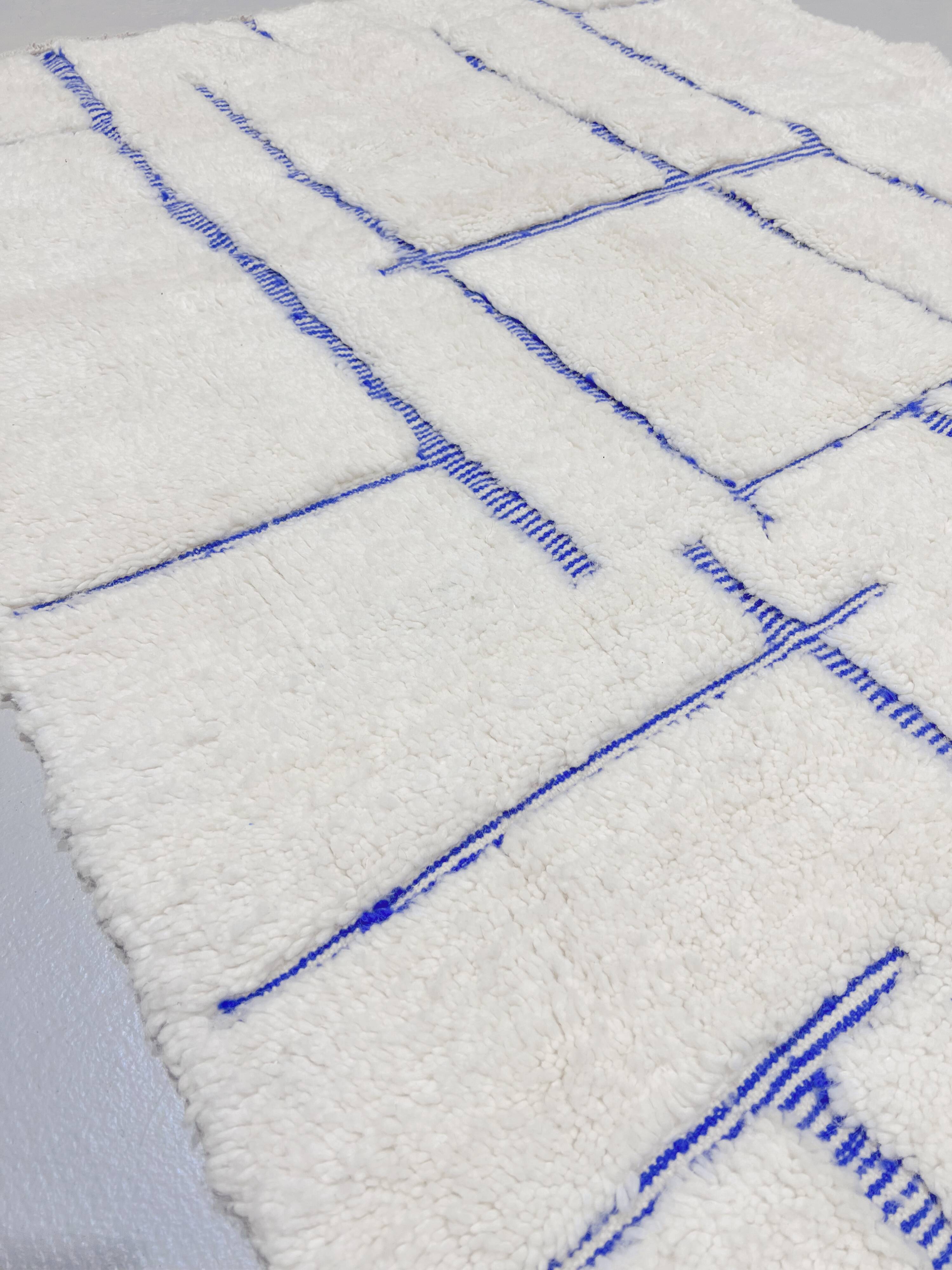 Moroccan Berber Beni Ouarain rug, ecru with blue patterns, 2.40x1.46m