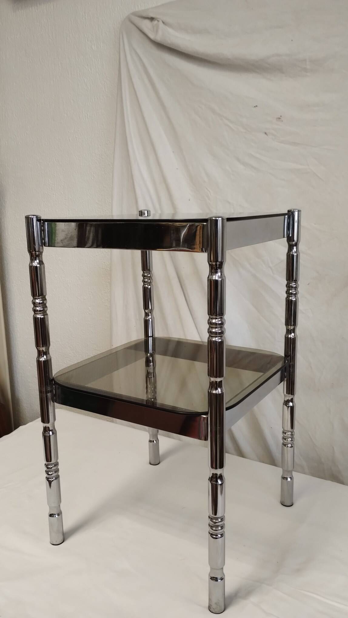 Bedside or side table in chromed steel with green smoked glass from the 70s