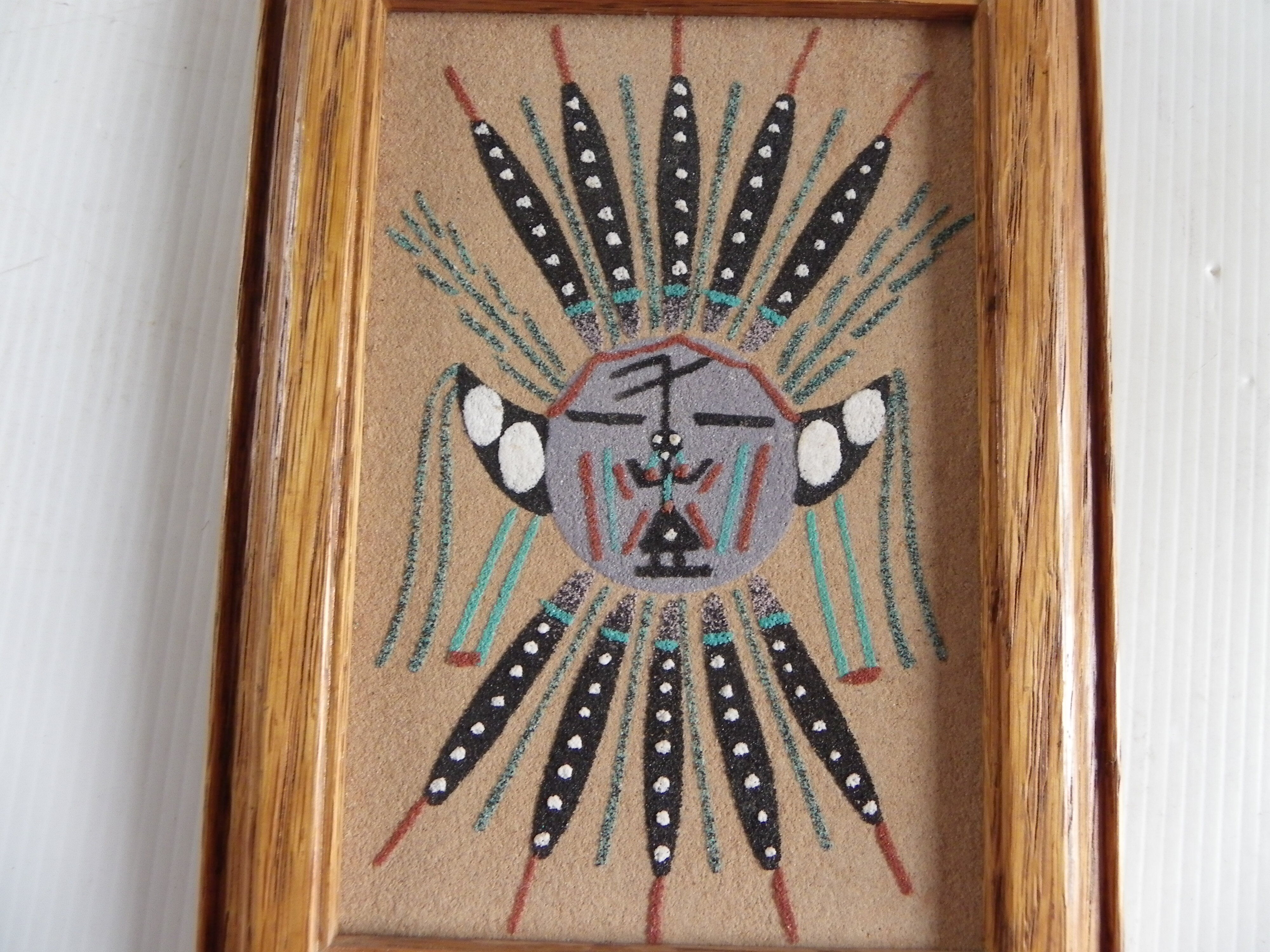 Peinture au sable Navajo vintage dans cadre bois