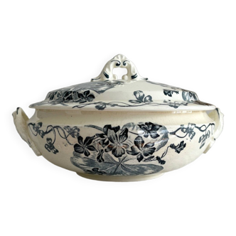 Small old vegetable soup tureen in iron earth "Les Violettes" Salins