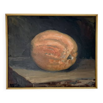 Nature morte vintage à la citrouille, peinture à l'huile sur toile signée R. Grinberg