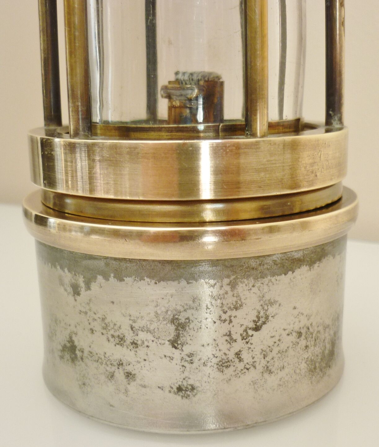 Old miner's lamp, thick glass, brass, metal