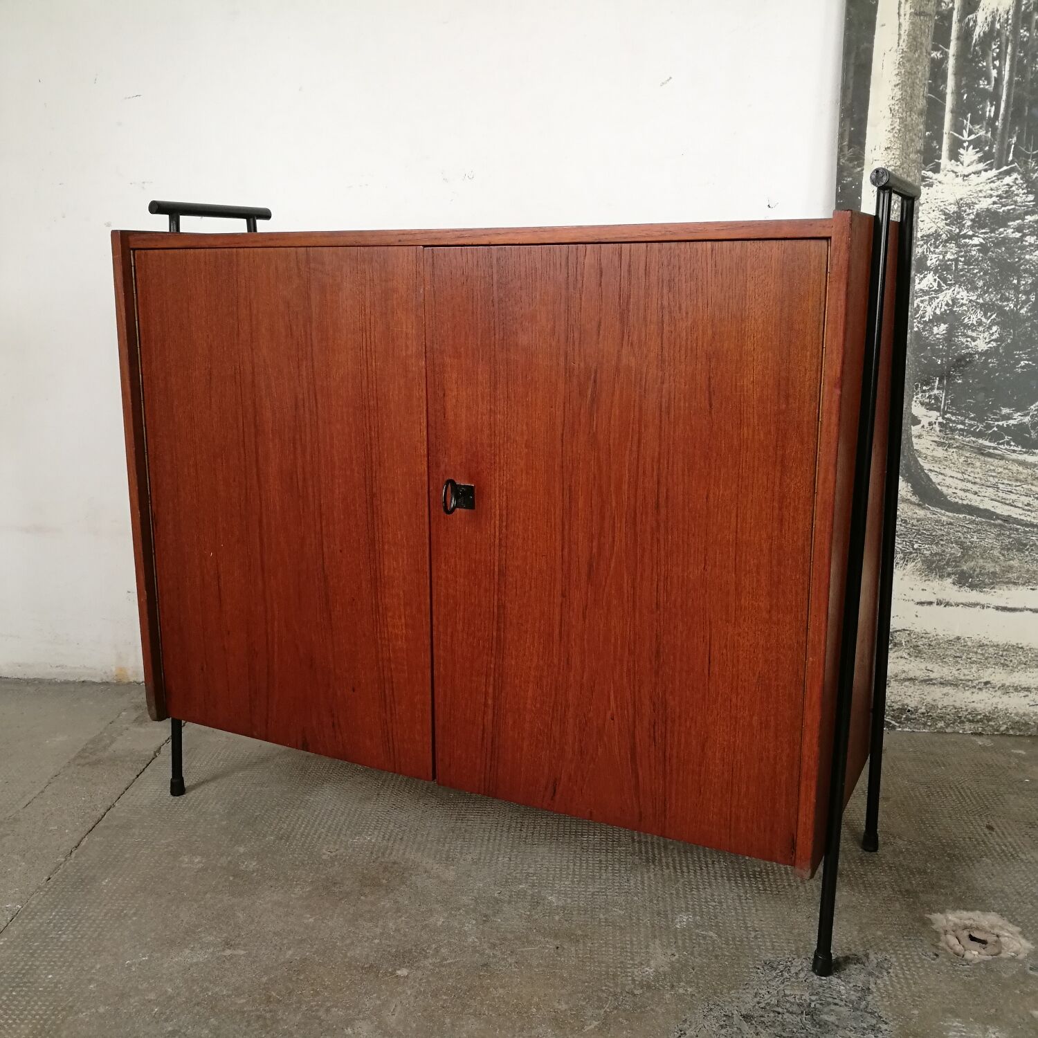 Scandinavian sideboard 2 teak doors, ladder base