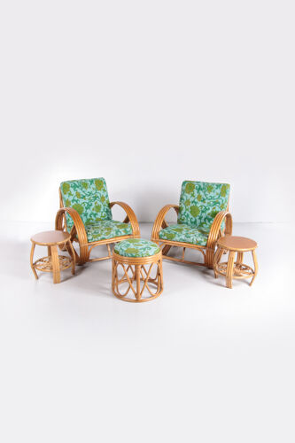 Ensemble de fauteuils lounge en bambou et pouf avec tables d’appoint Paul Frankl, années 1960