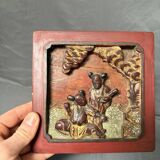 Ancien panneau, bas relief en bois sculpté laqué et doré dynastie Qing, Chine