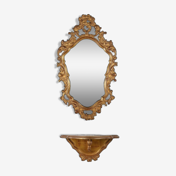 Beau miroir de style rococo avec pied en bois et feuille d'or, Deknudt Belgique, années 1950