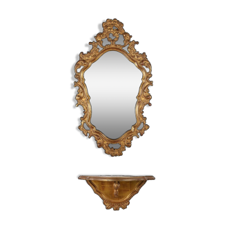 Beau miroir de style rococo avec pied en bois et feuille d'or, Deknudt Belgique, années 1950