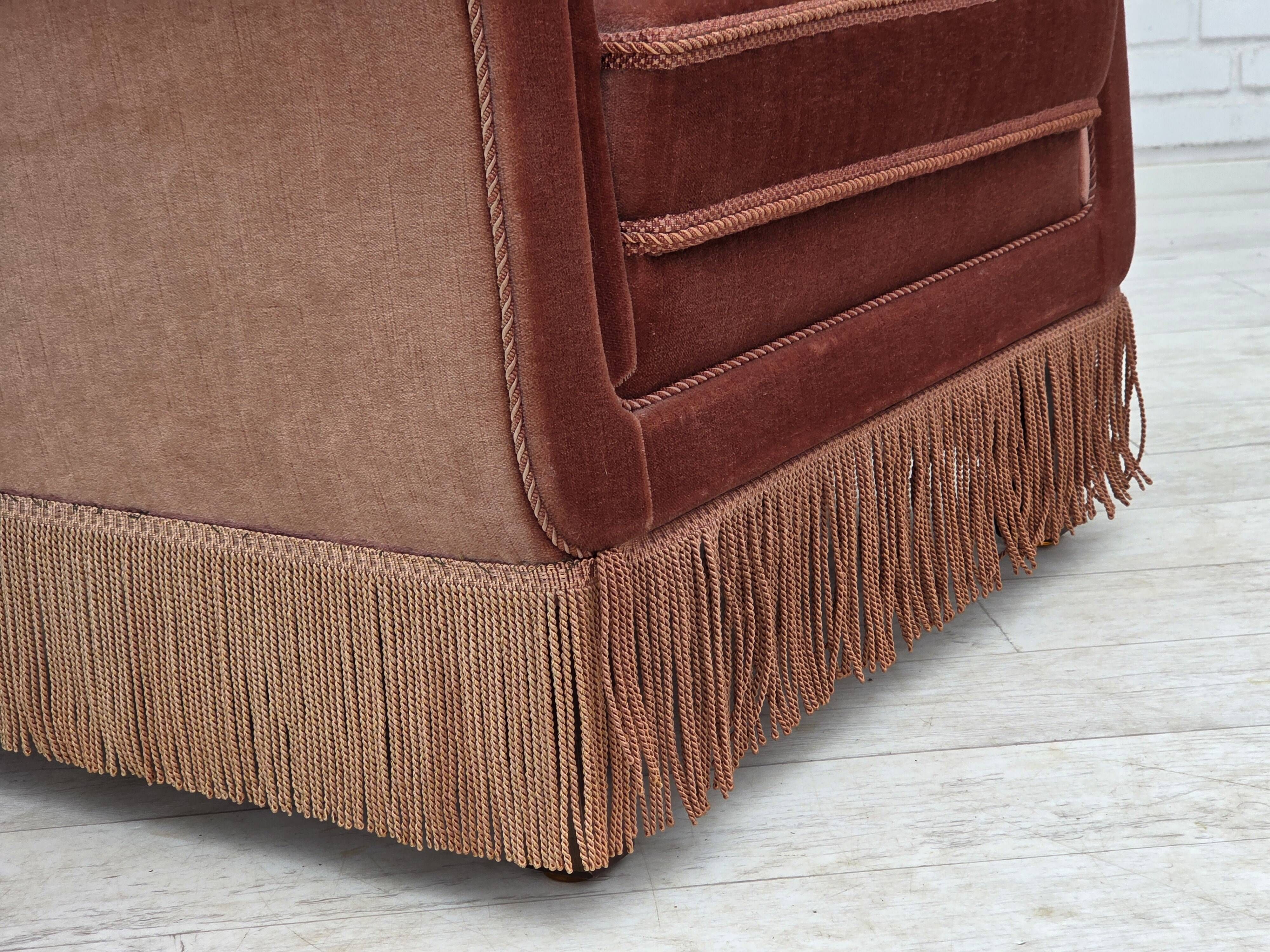 1970s, Danish armchair, salmon pink furniture velour, beech wood.