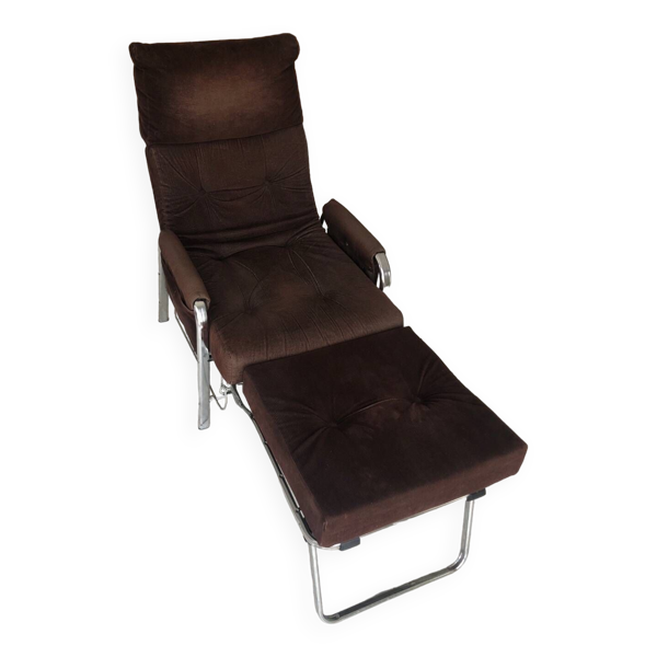 Fauteuil transat à système morris en velours côtelé chocolat vintage — Beyit