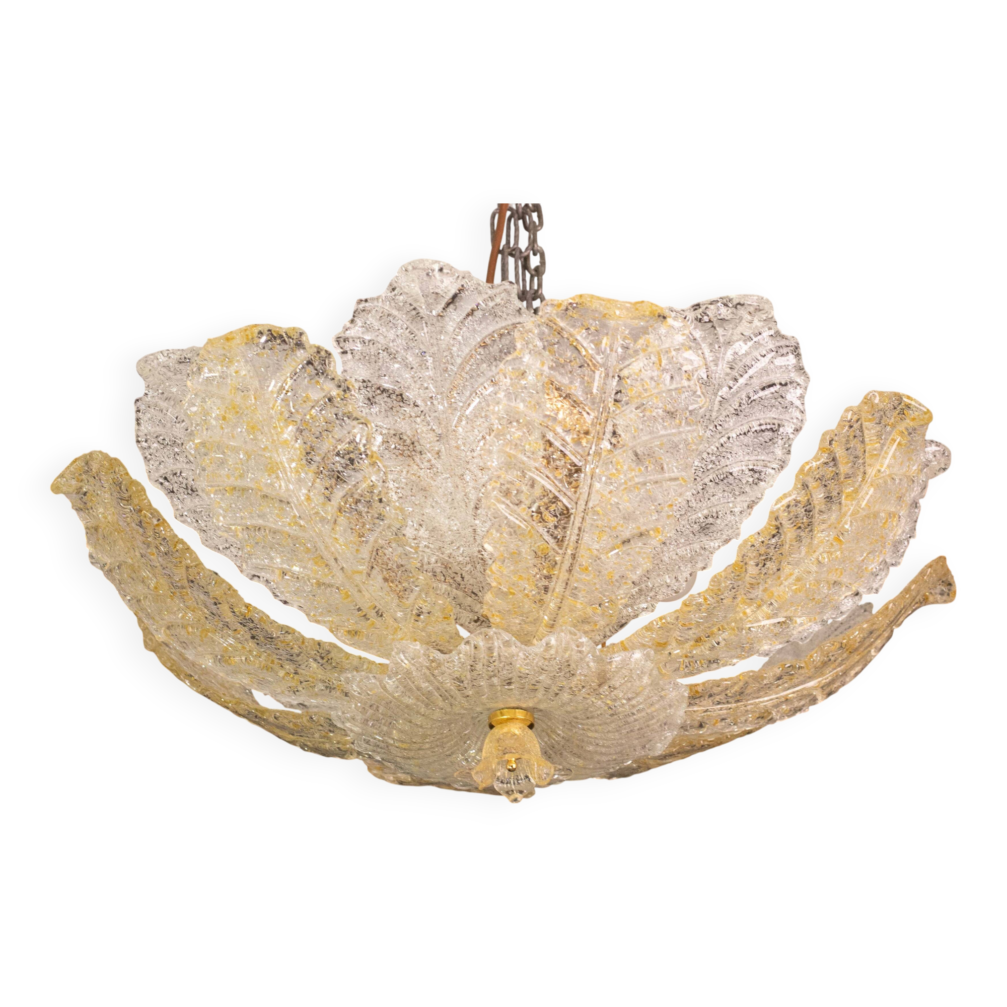 Murano Glass Gold and Transparent Leaves Chandelier or Flush Mount, 1970s