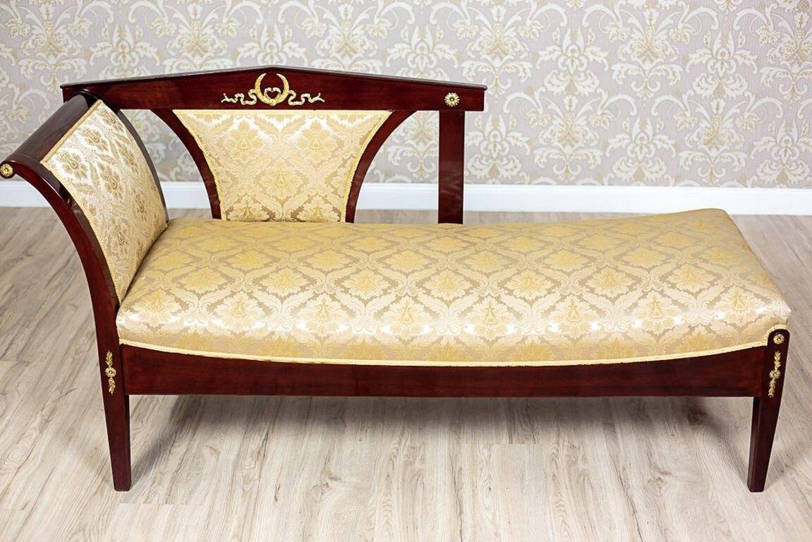 Antique Chaise Lounge in Yellow Fabric with Brass Details, 1890s