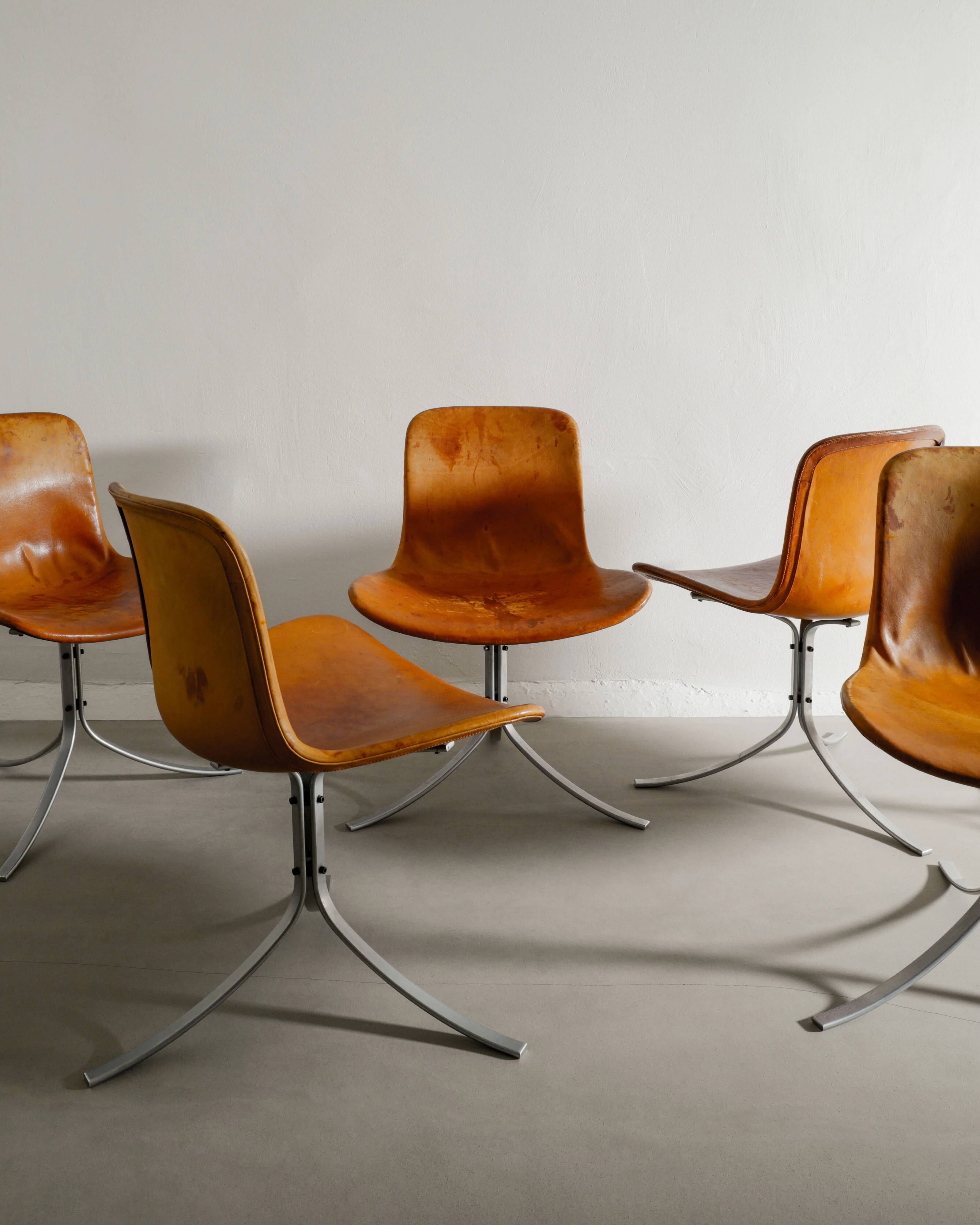 Set of Six Vintage Poul Kjaerholm PK-9 Dining Chairs Brown Leather, 1960s