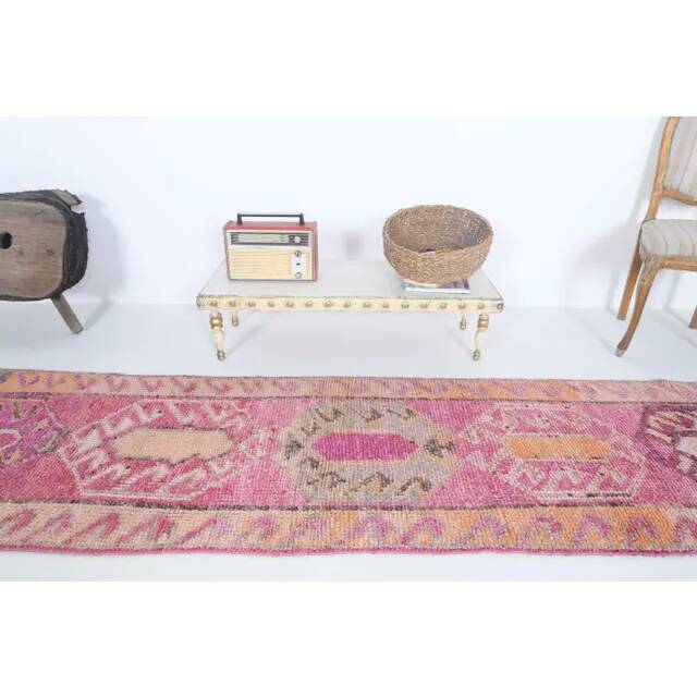 1970s Turkish Hand-Knotted Wool Cotton Pink Runner 87x294