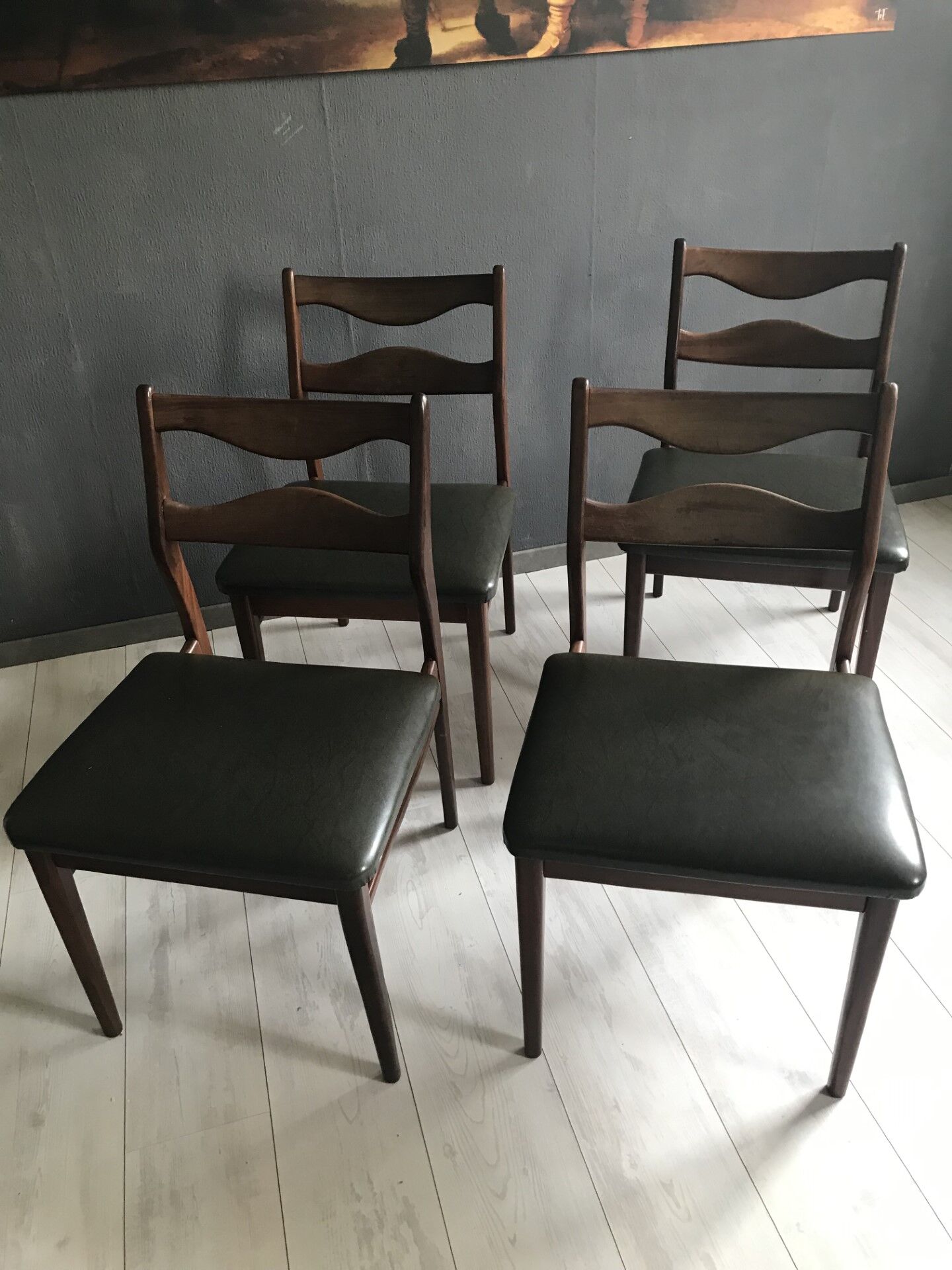 4 vintage teak dining chairs, dark green