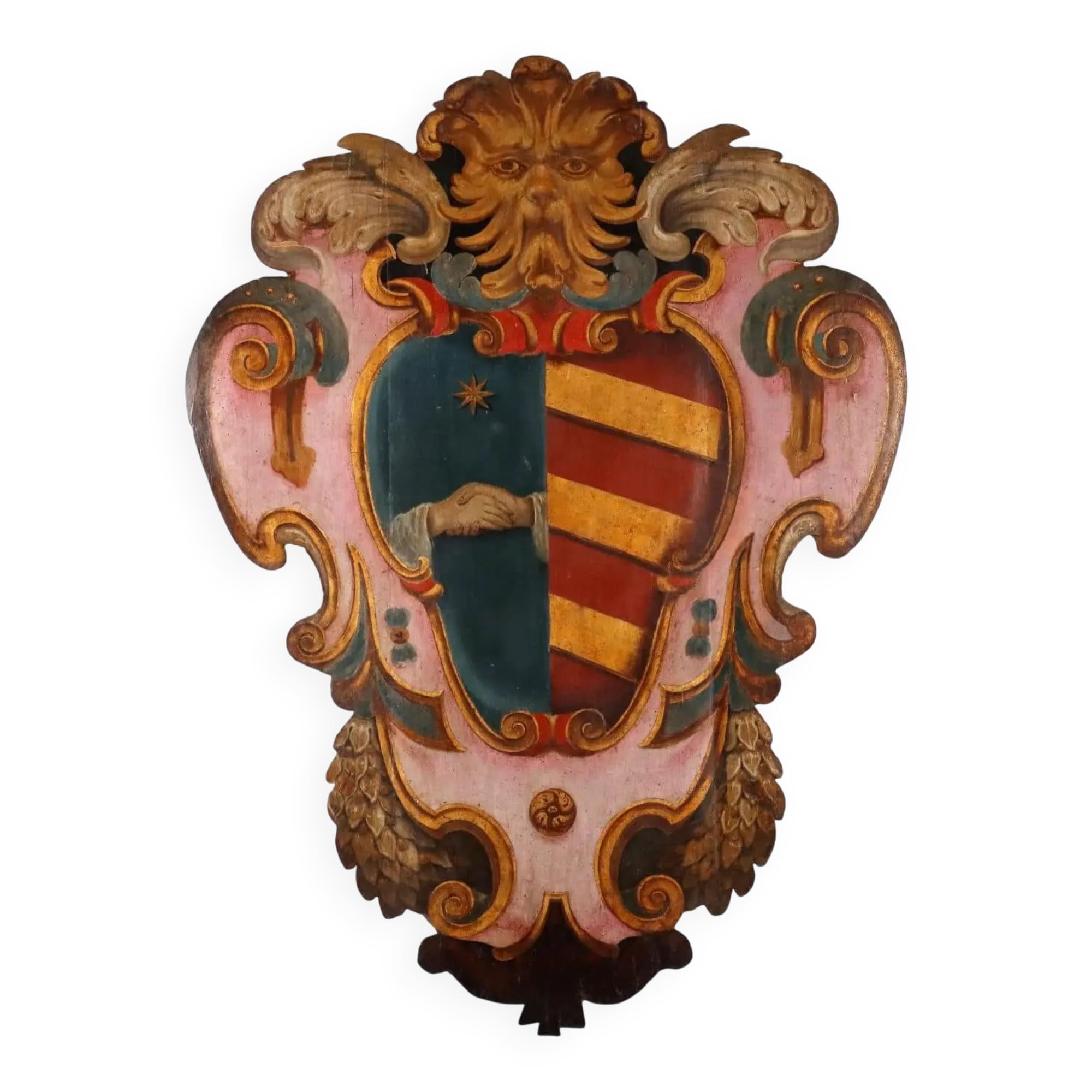 Ancient baroque coat of arms Pasqui in poplar, Florence, 18th century