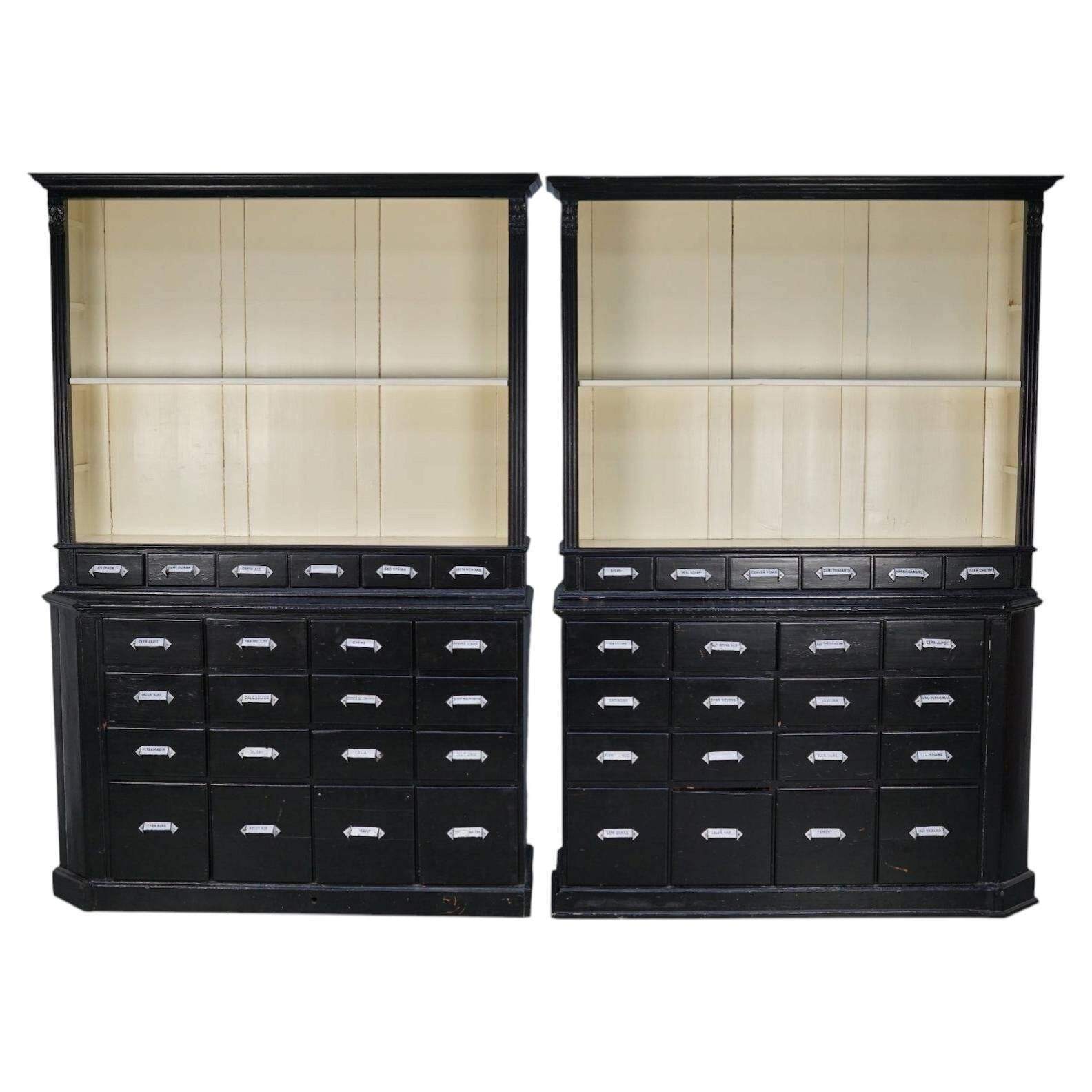 Large pair of antique apothecary cabinets painted black, Eastern Europe, 1910s