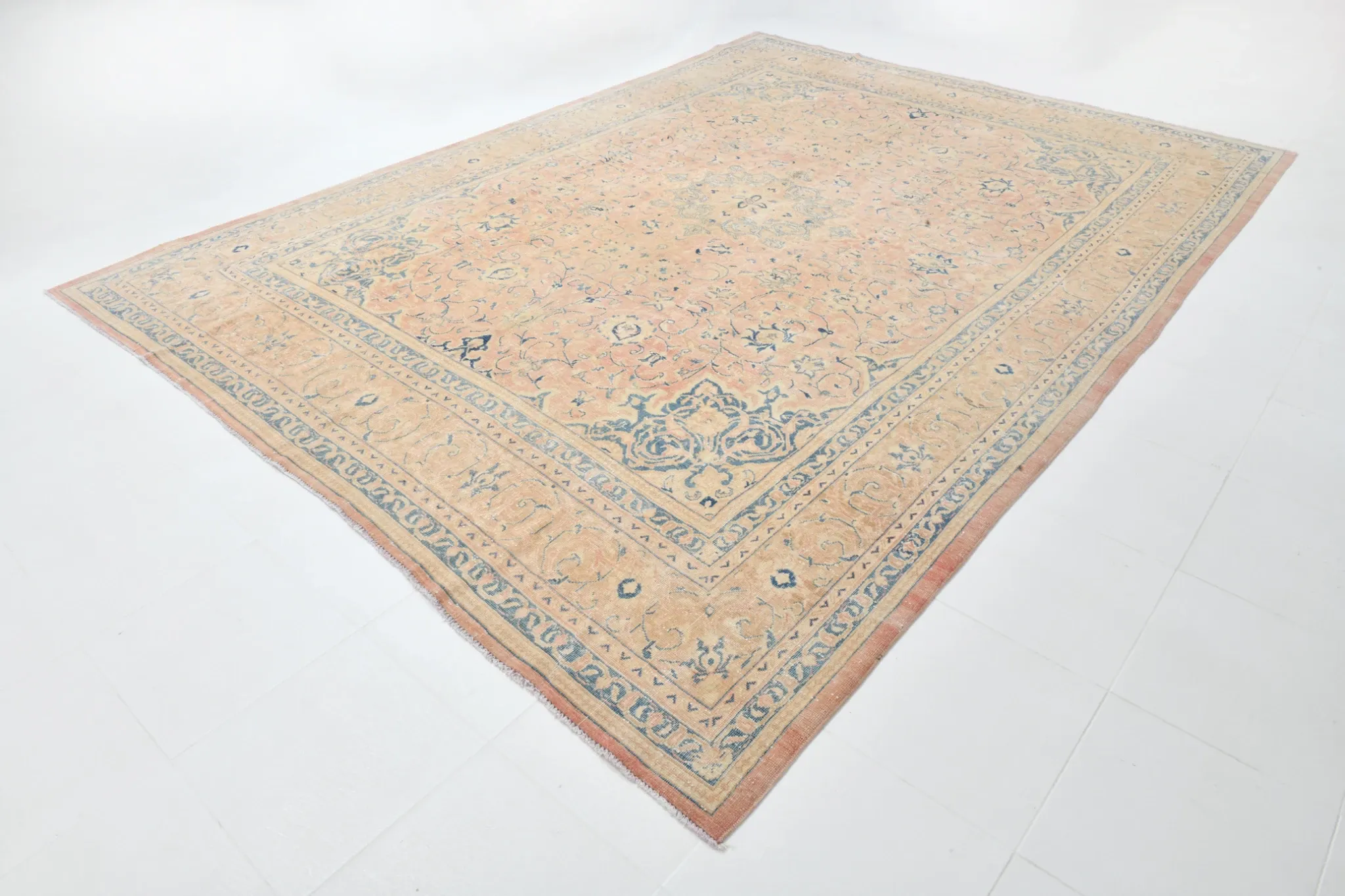 Peach Pink Large Persian Rug, Floral Bordered Vintage Carpet, 292x387Cm