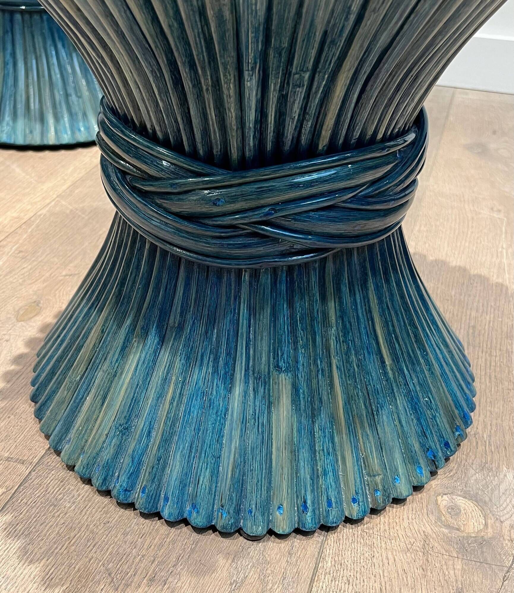 Pair of Bamboo Side Tables in the Shape of a Wheat Sheaf. Turquoise Lacquered.