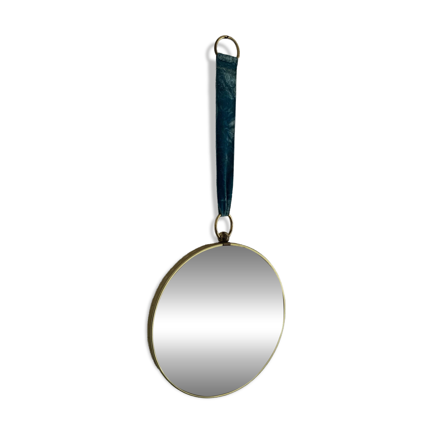 Vintage 1960s witch's eye mirror, turquoise velvet, sunburst effect - 24 x 54 cm