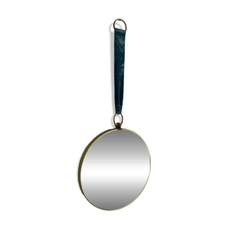 Vintage 1960s witch's eye mirror, turquoise velvet, sunburst effect - 24 x 54 cm