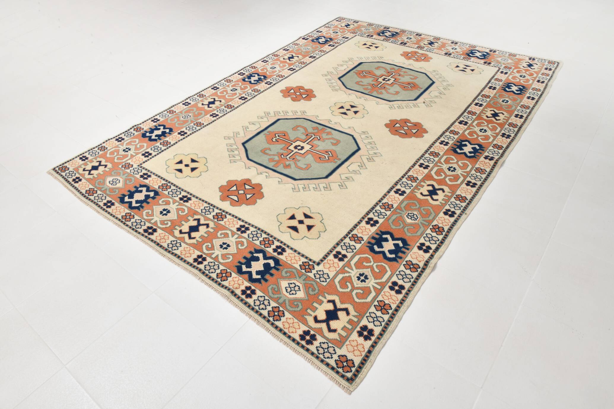 7x10 Vimtage Beige Orange Large Area Vintage Rug, 203x292 Cm
