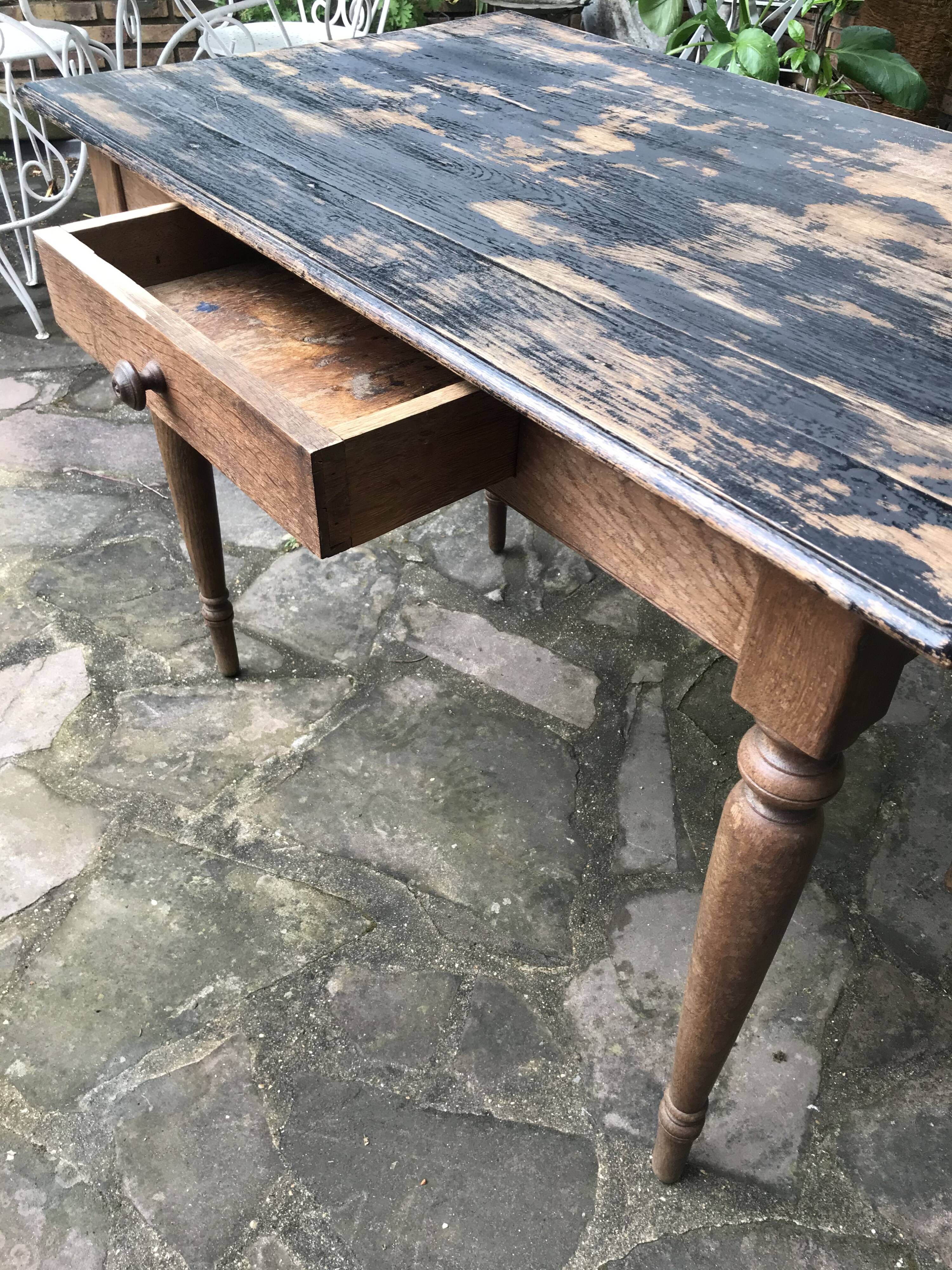 Old farmhouse table desk 1 drawer solid wood patinated black top