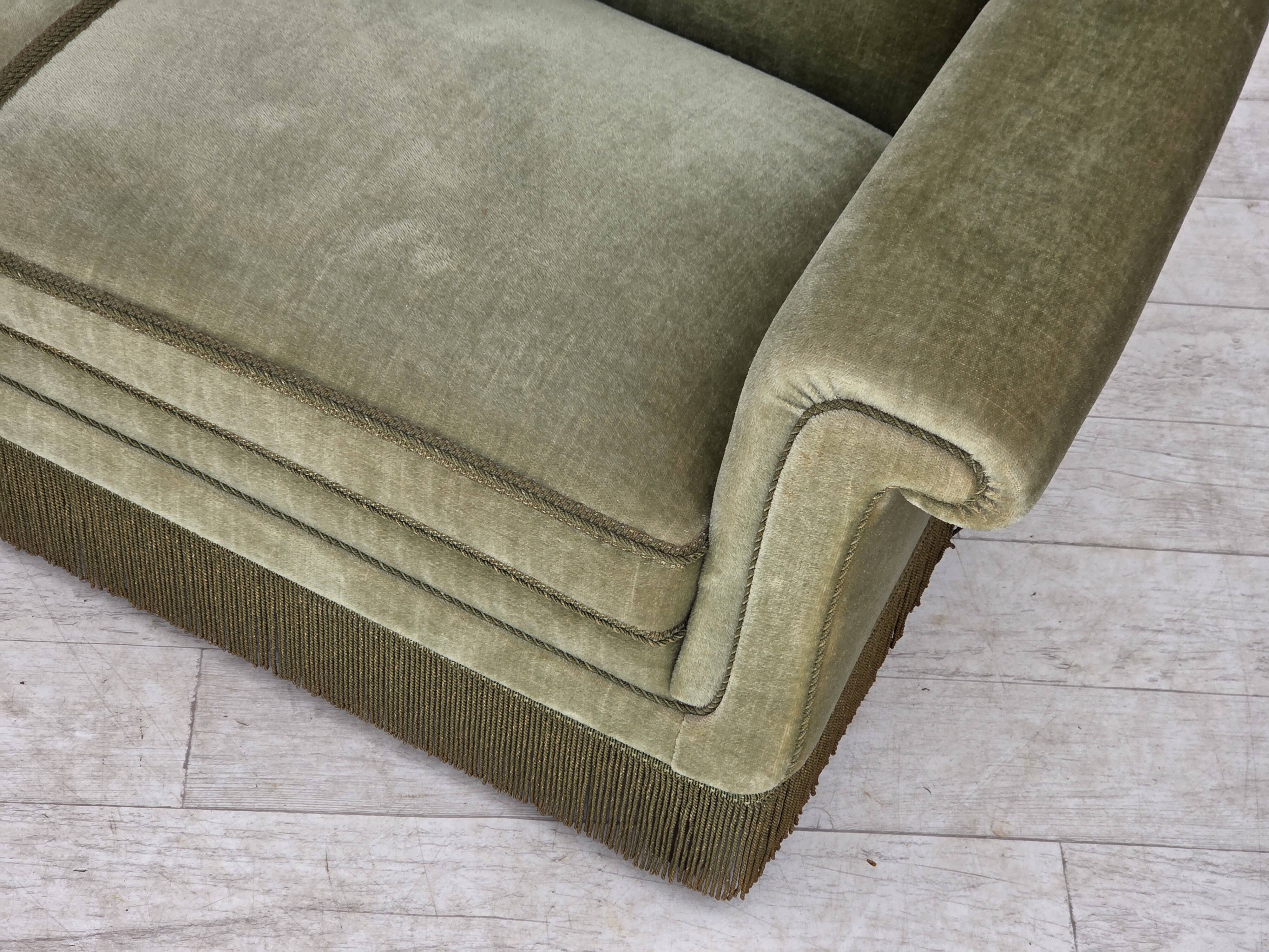 1970s, Danish 3-seater sofa, green furniture velour, beech wood.