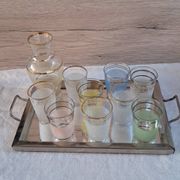 Vintage liqueur service from the 50s/60s — Decanter, 9 pastel glasses & tray
