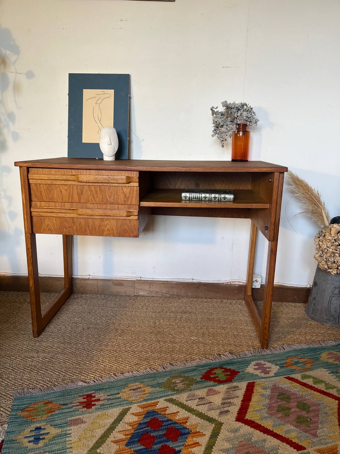 Vintage desk sled legs oak veneer