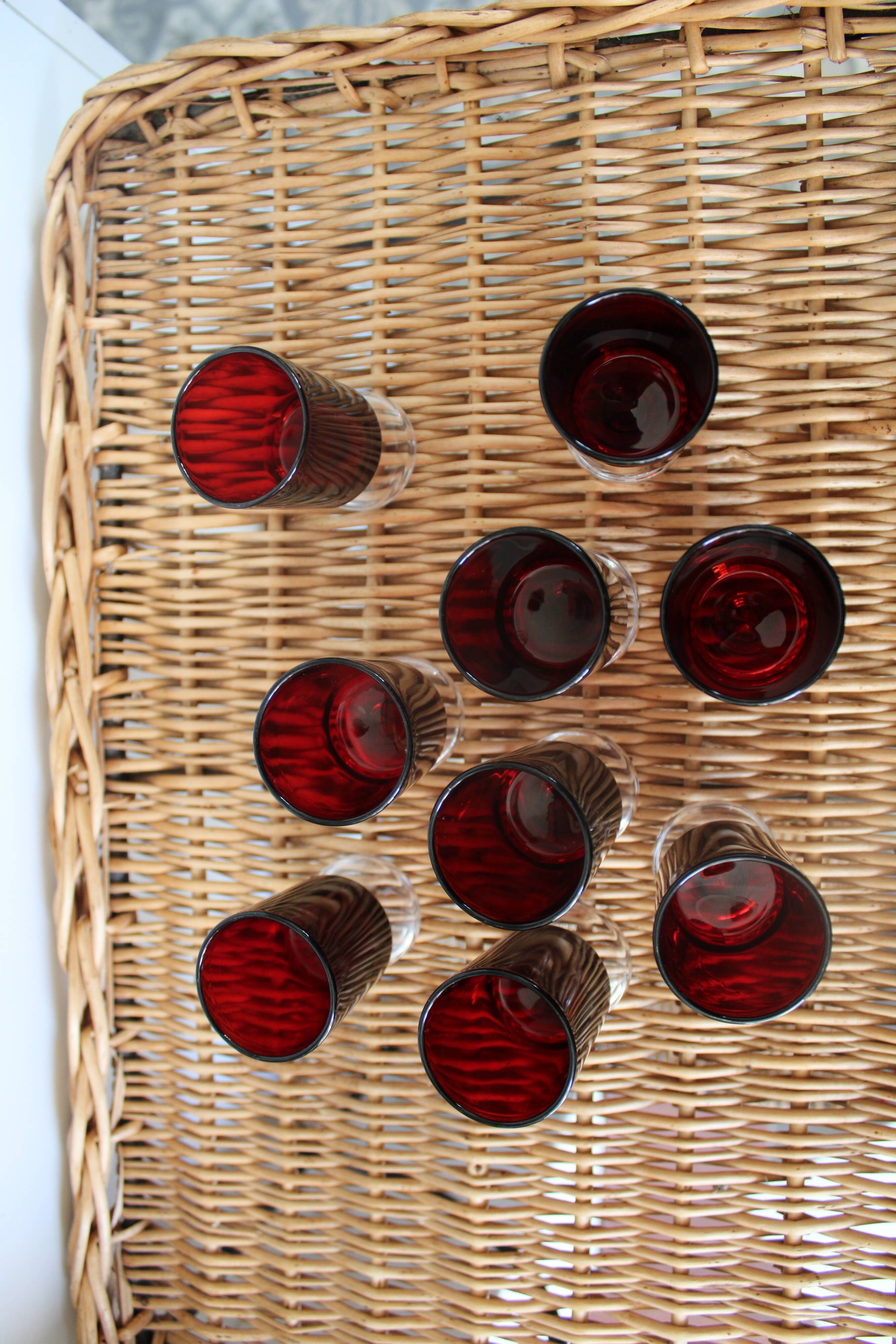 9 Luminarc red liquor glasses